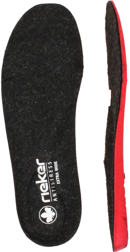 Binnenzool van een Rieker schoen met 'Antistress Extra Wide' tekst en rode rand.