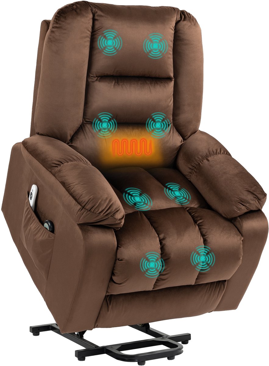 Fauteuil Relax Lift Recliner Massage Verwarmd Fluweel Bruin