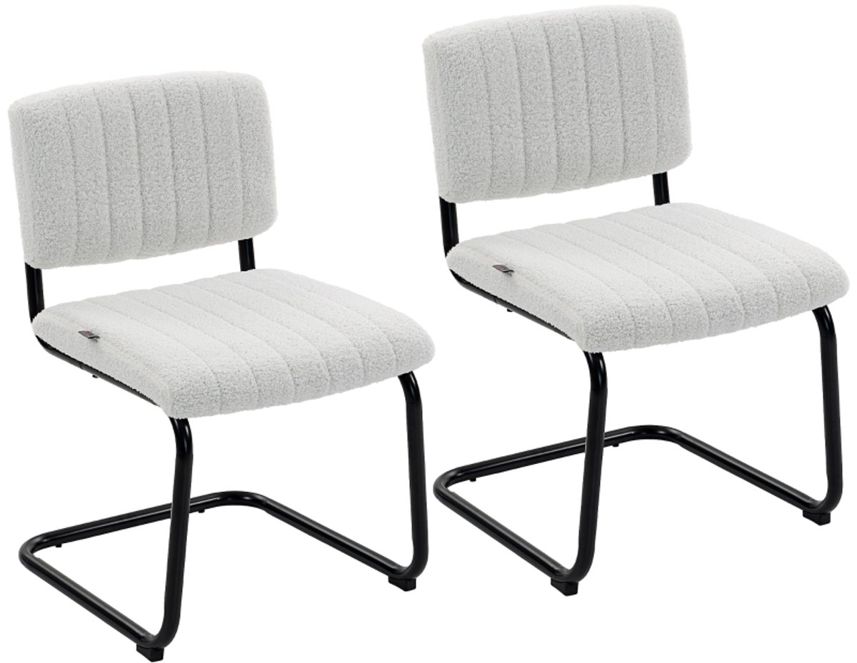 Clruro Eetkamerstoel Set van 2 - 48 x 55 x 76 cm - Vrijdragend met Hoge Rug - Teddyfleece/Staal - Crème