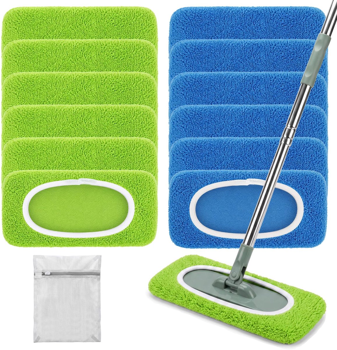 Ryoudavell - 12 stuks vloerwissers met waszak - voor Swiffer - Vloerdoeken Natte Doeken - nat en droog gebruik dweildoeken - Wasbaar - herbruikbare natte doeken - Efficiënte Veegreiniging voor alle soorten vloeren - 25,5 x 11,5 cm - Groen & blauw
