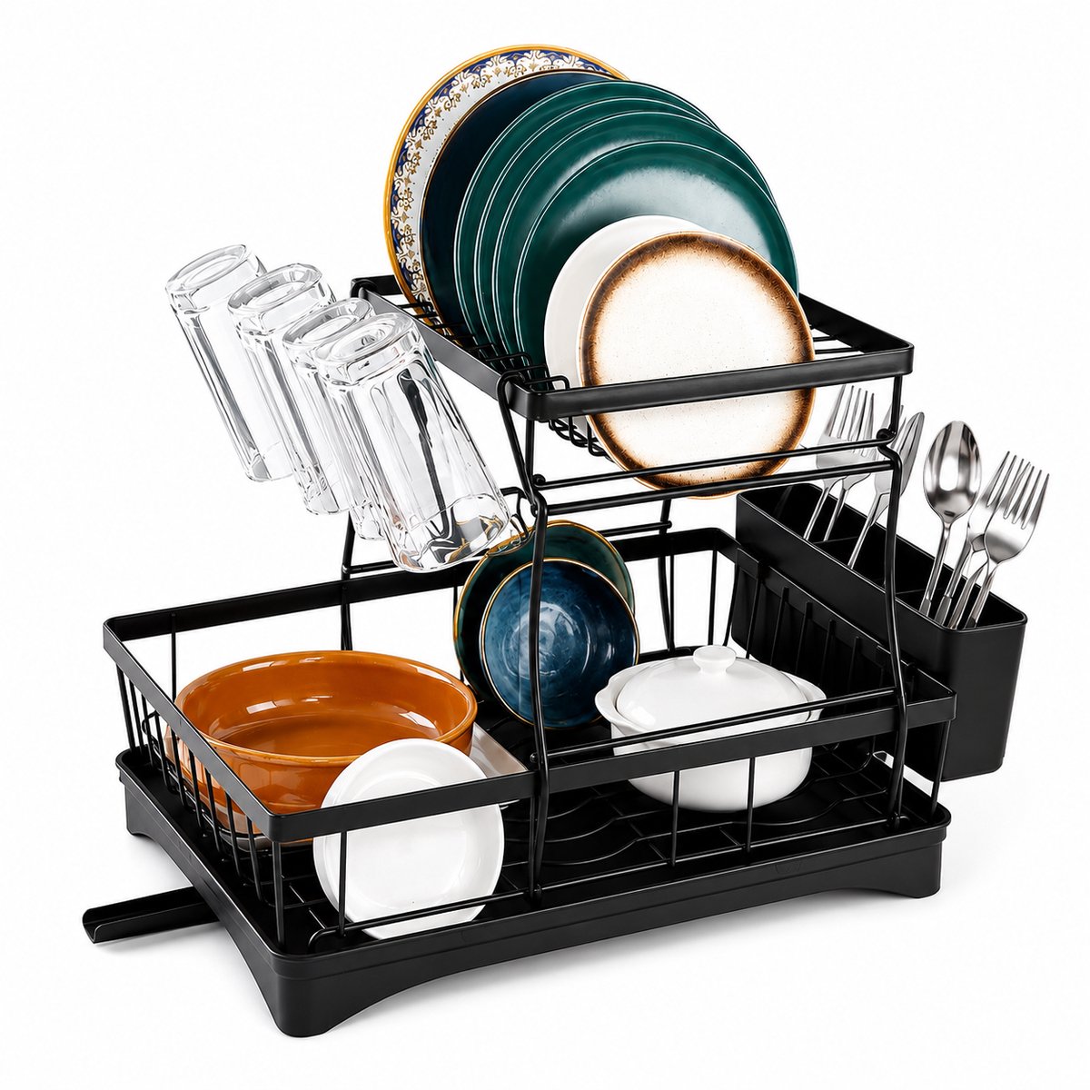 DPLUNIQ Afdruiprek - Droogrek - Afwasrek - Keukenrek - 2 Niveaus - Incl. Lekbak - Bestekbak - 42x30x32.3cm - Metaal - Zwart
