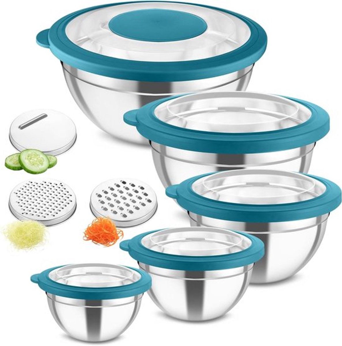 Mixkommen Set van 5 Stuks met 3 Raspaccessoires voor Keuken, Blauw, Ideaal voor Bereiden en Serveren
