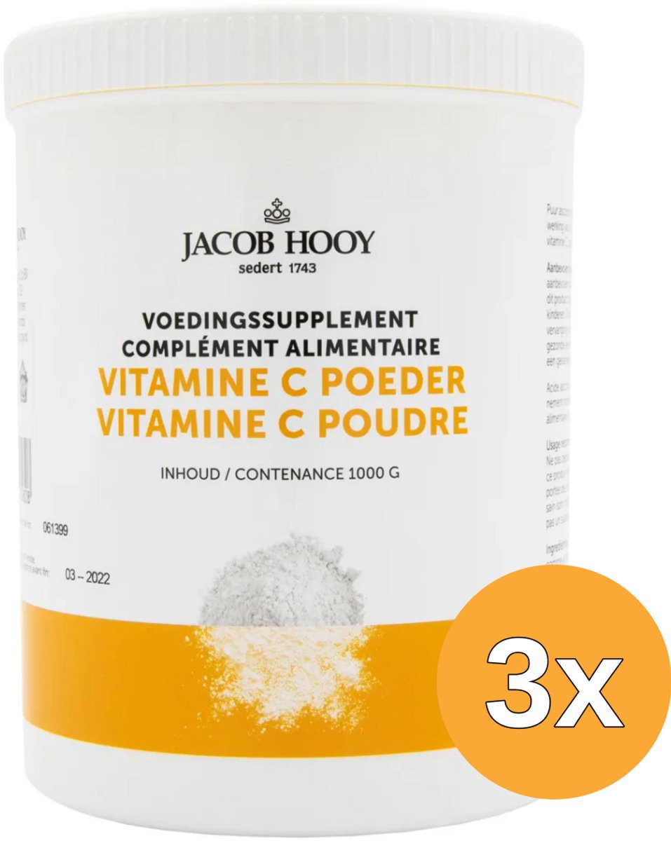 3x Jacob Hooy Vitamine C Ascorbinezuur pot (1000 gr)
