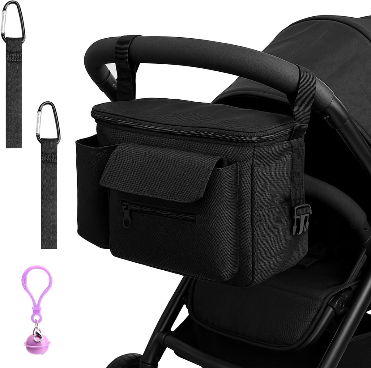 Wiegentas met Organisator voor Kinderwagen, Verstelbare Schouderriemen, Inclusief Flessentas en Telefoonvak, Zwart, Ideaal voor Babyspullen en Dagelijkse Gebruik