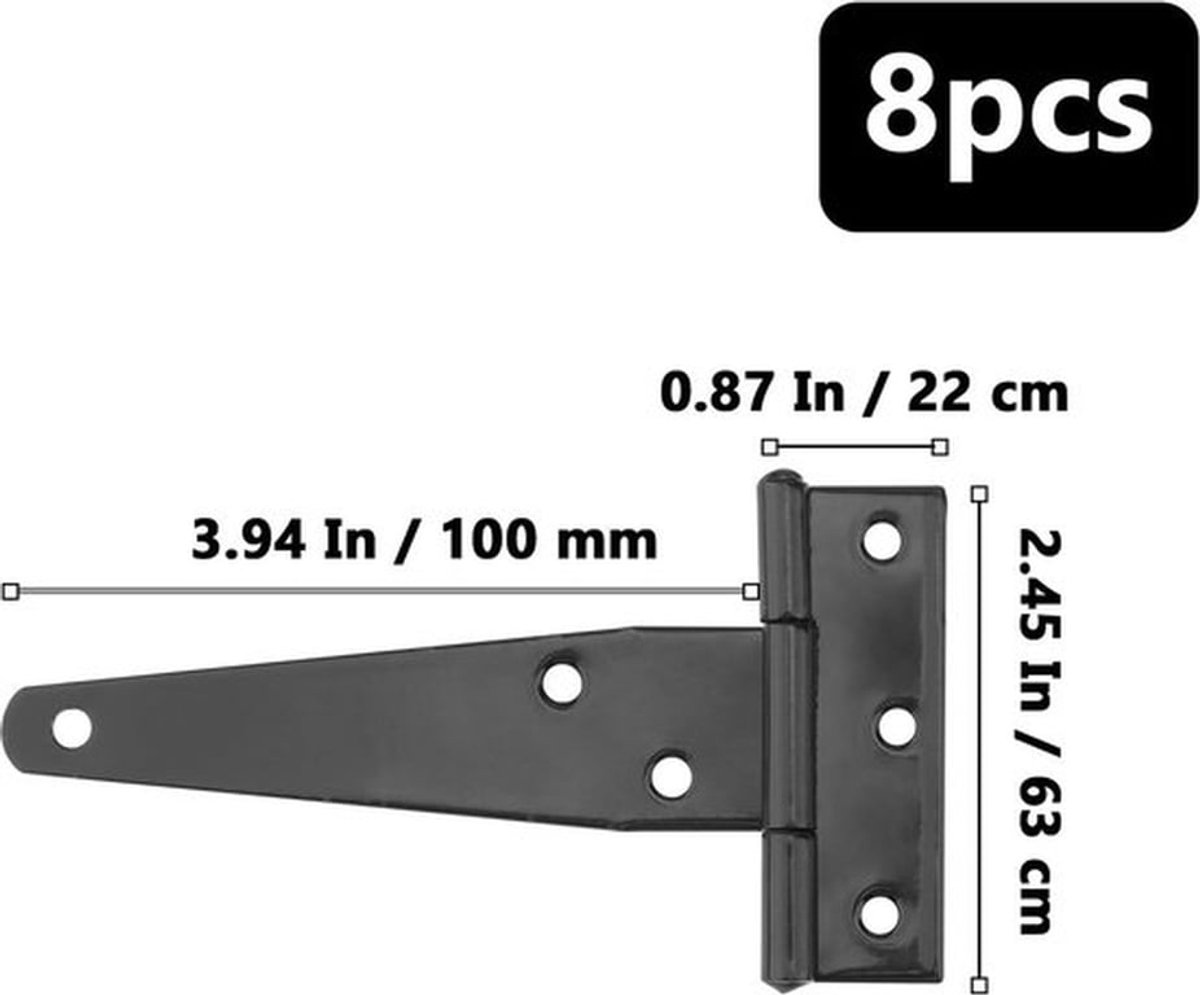 T-scharnier 10 cm - 8 stuks - Zwart - Zware belasting - Inklapbaar - Eenvoudige montage met schroeven - Deurscharnier