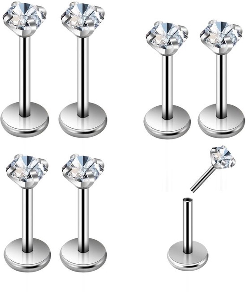 Neuspiercings 6 stuks - Lippiercing/Medusa - Labret/Push-in-piercing - Bioflex - Roestvrij staal - Schitterende textuur/glans - Oorbellen