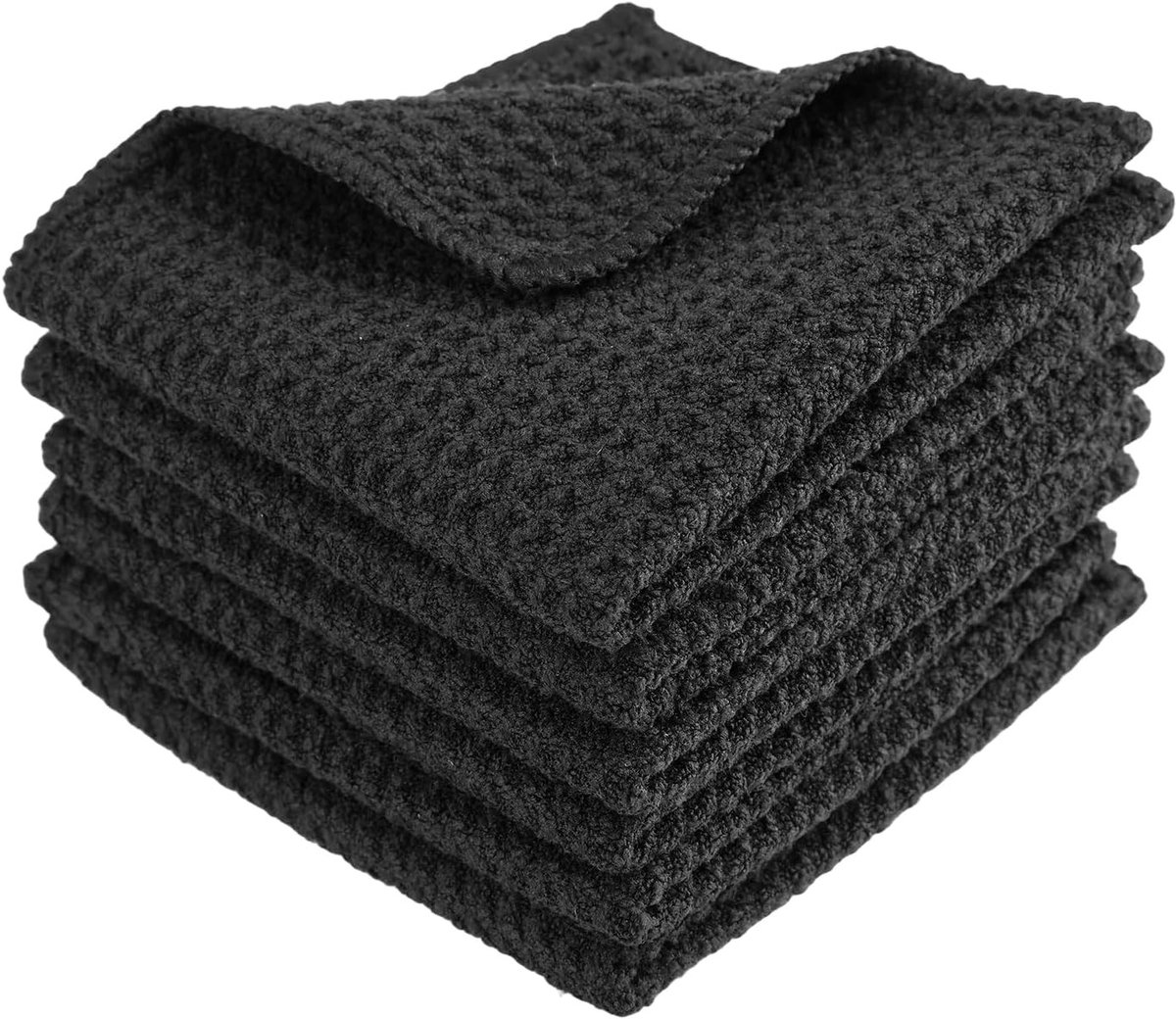 Set van 6 Wafelstructuur Keukenhanddoeken, Zwart, 20 x 20 cm, Microvezel, Absorberend en Zacht voor Keuken en Badkamer
