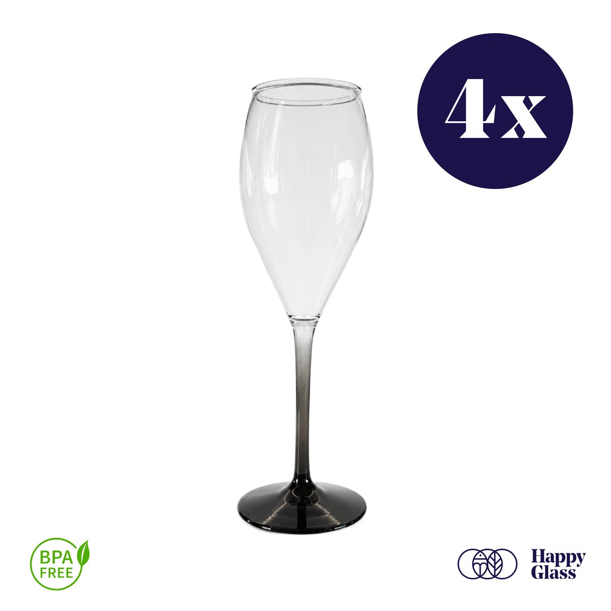 HappyGlass Miss Muse - Set van 4 kunststof champagneglazen - 24cl - Noble smoke steel - BPA-vrij Tritan