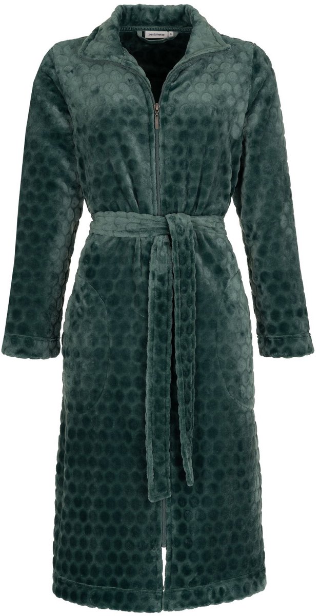 Dames Rits Badjas - Ochtendjas - Zacht & Warm Fleece - Stippen reliëf - groen - maat S (36-38)