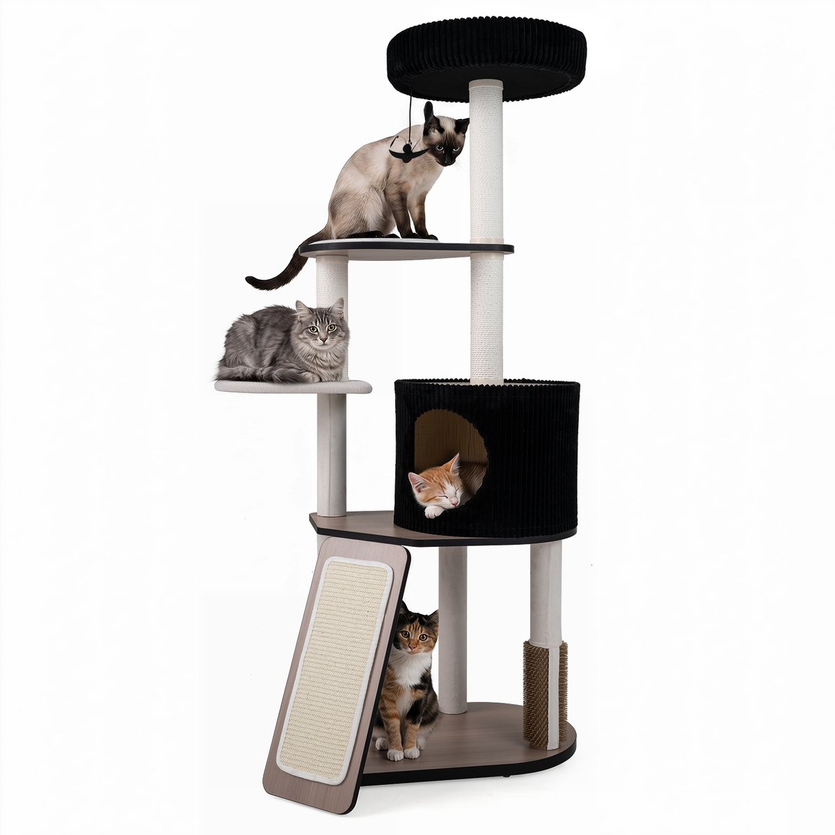 COSTWAY Krabpaal - Kattenhuis - Kattenboom - Katten - 155 cm – met krabpalen - zacht gevoerd holletje & 3 plateaus