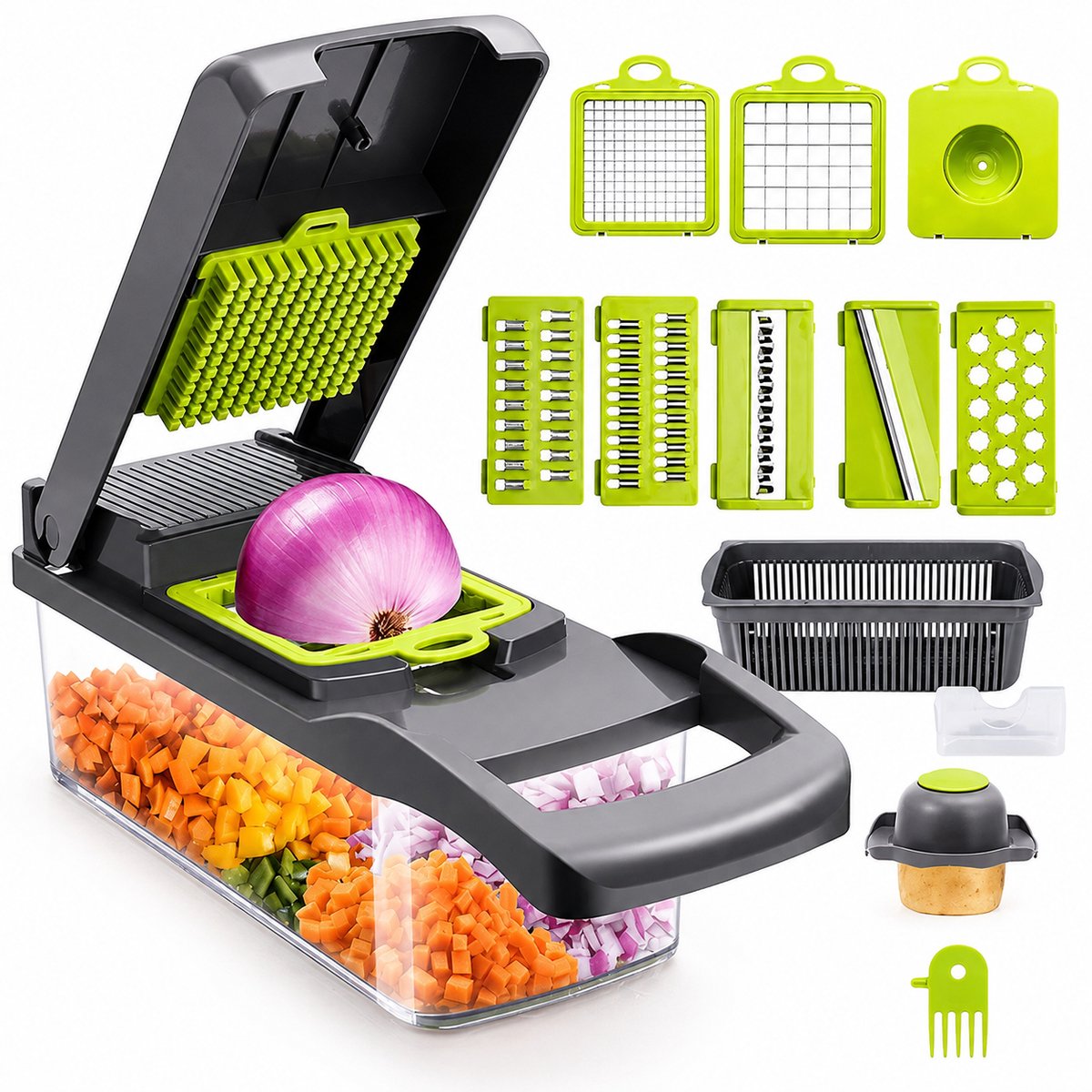 DPLUNIQ Groentesnijder - Mandoline - Snijmachine - Keuken Accessoires - Multifunctioneel - Opvangbak - 32,2×11,3×11,3cm - Groen