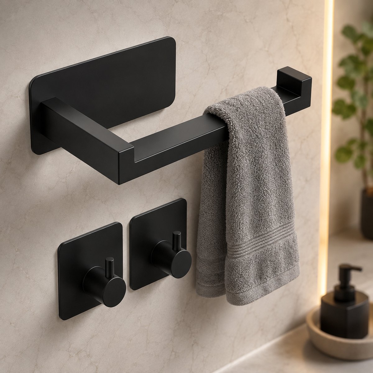 Toiletpapierhouder Muursticker Zwart Smal Model met 2 Haken - Zonder Boren - RVS - Badkamer Toiletrolhouder
