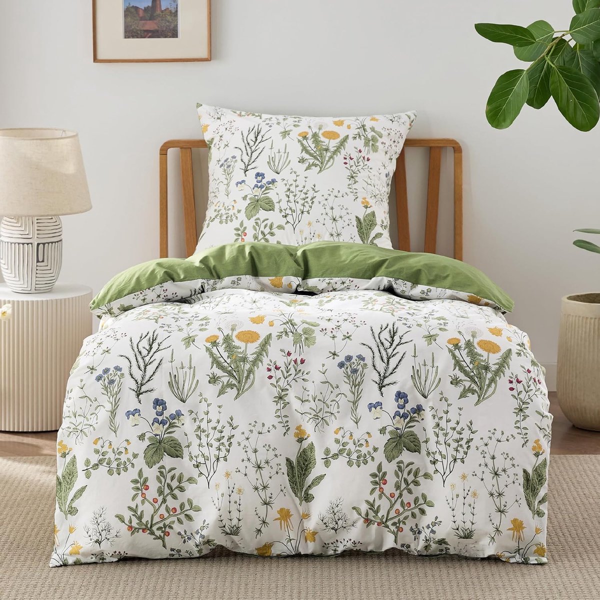 LUCKICE Wendbaar microvezel beddengoed set met plant‑ en bloemenpatroon, dekbedovertrek met rits en hoekbanden, kussenslopen 80x80 cm, geschikt voor allergici