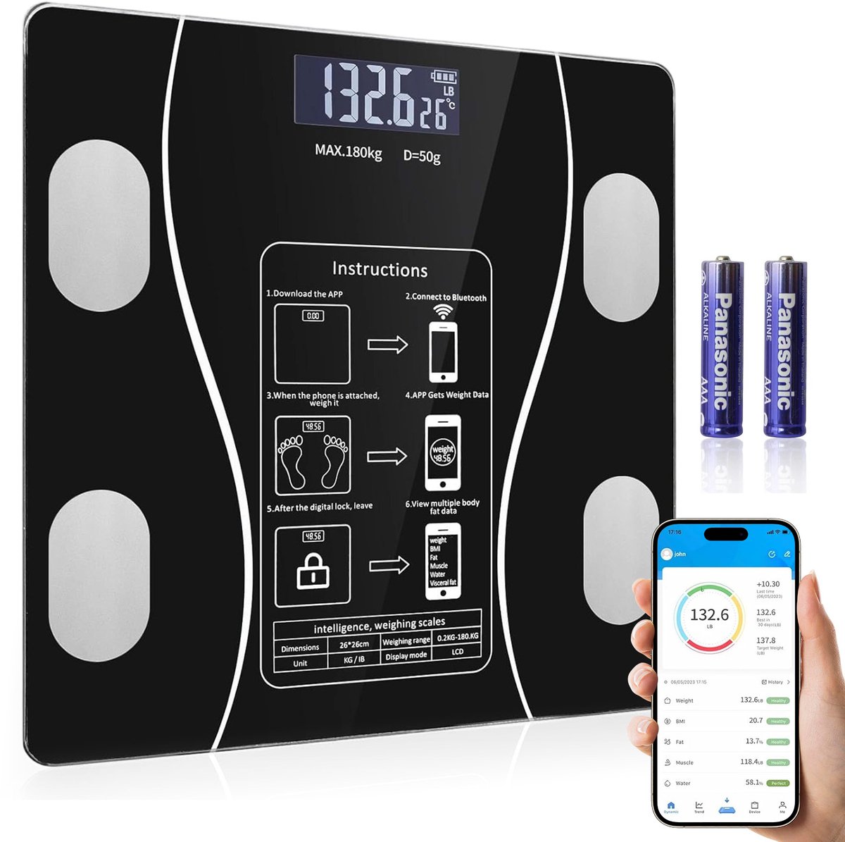 Slimme Personenweegschaal - Lichaamsanalyse Weegschaal - Bluetooth met OKOK-App - 13 Lichaamsgegevens - LCD-Display - Weegbereik tot 180 kg - 50 g Schaalverdeling - Voor Dagelijkse Gewichts- en Gezondheidsregistratie
