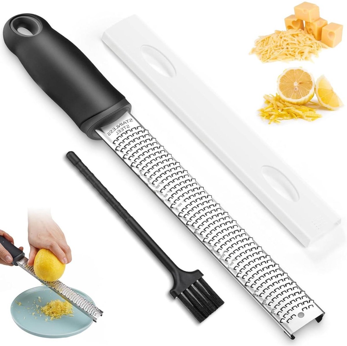 SSTRWGOOD 3 Stuks Zester - Citrusrasp en Kaasrasp - Geschikt voor Citrus, Knoflook en Muskaatnoot - RVS Reefschaaf met Comfortabele Anti-slip Greep, Plat Ontwerp, Ophangbaar en Vaatwasserbestendig - Incl. Reinigingsborstel en Beschermhoes