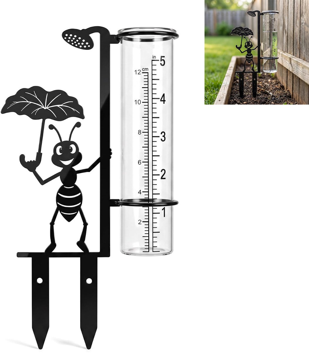 Regenmeter - Tuinpaal - Buitendecoratie - Tuinaccessoire - Demonteerbaar - Weerbestendig - Metaal - 32×11×8 Cm - Geschikt voor gazon, terras, tuin, balkon, plantenbedden, buiten meten van regenval - Zwart
