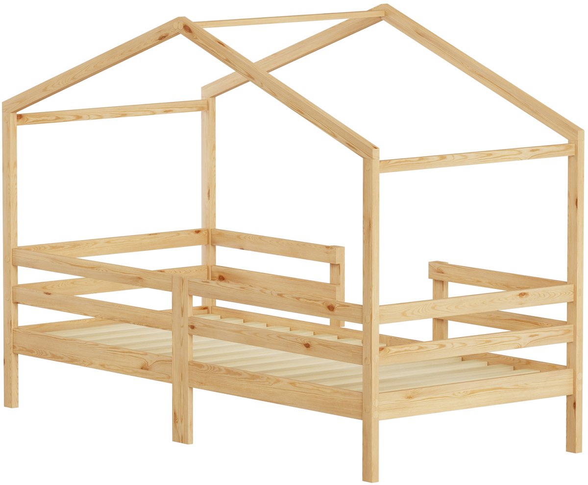 Merax Bed in Huisvorm 90 x 200 cm - Houten Kinderbed - Driezijdig Veiligheidshek - Houten Lattenbodem - Natuurlijke Houtkleur