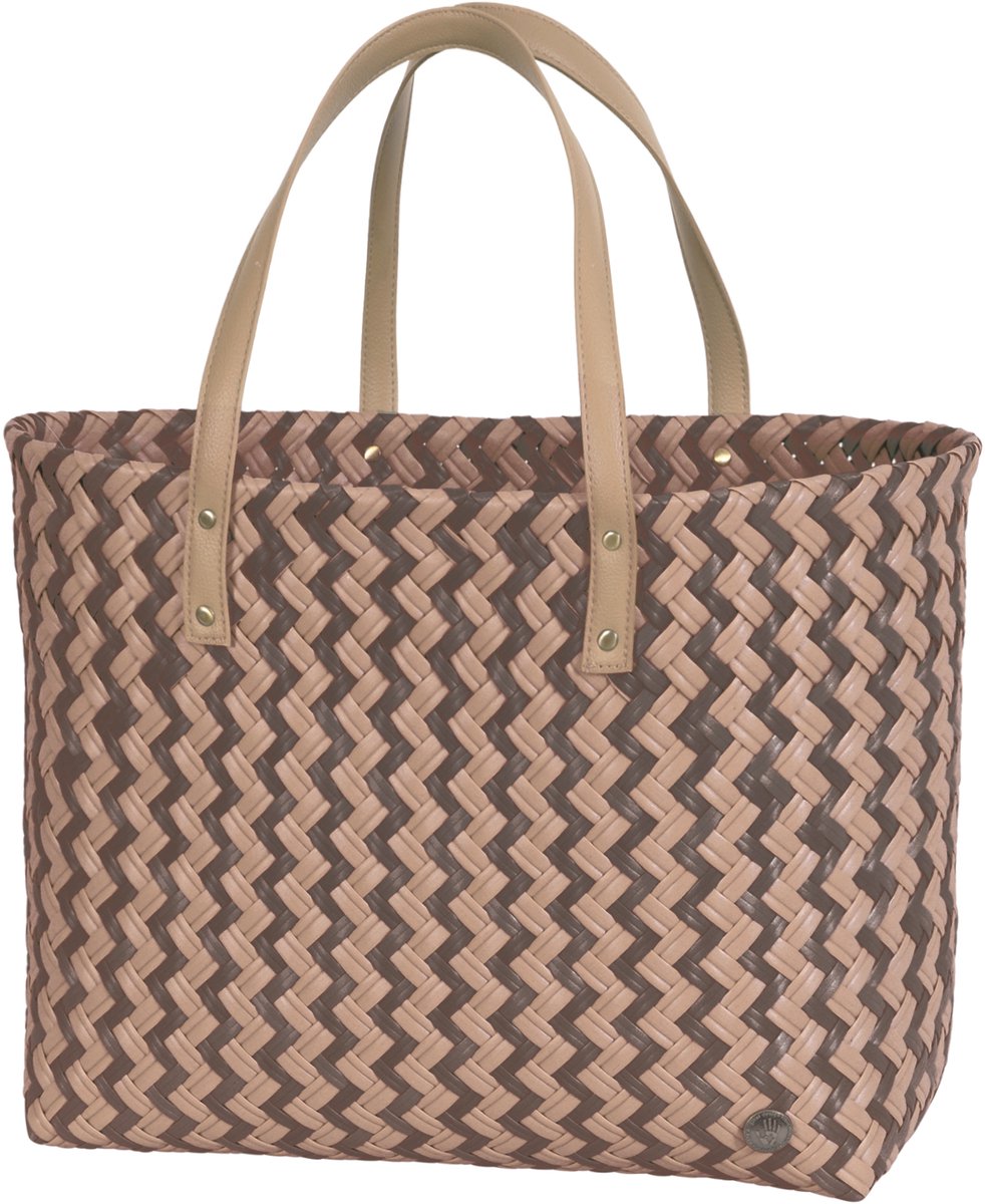Handed By Faye Shopper – duurzame handgemaakte shopper tas van gerecycled plastic - lichtbruin met taupe -natural brown with taupe