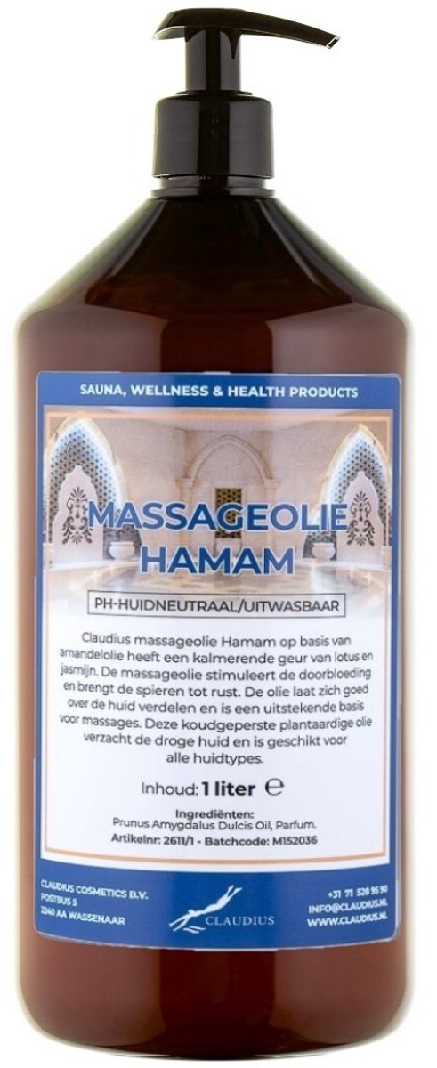 Massageolie Hamam 1 liter met gratis pomp - 100% natuurlijk - biologisch en koud geperst