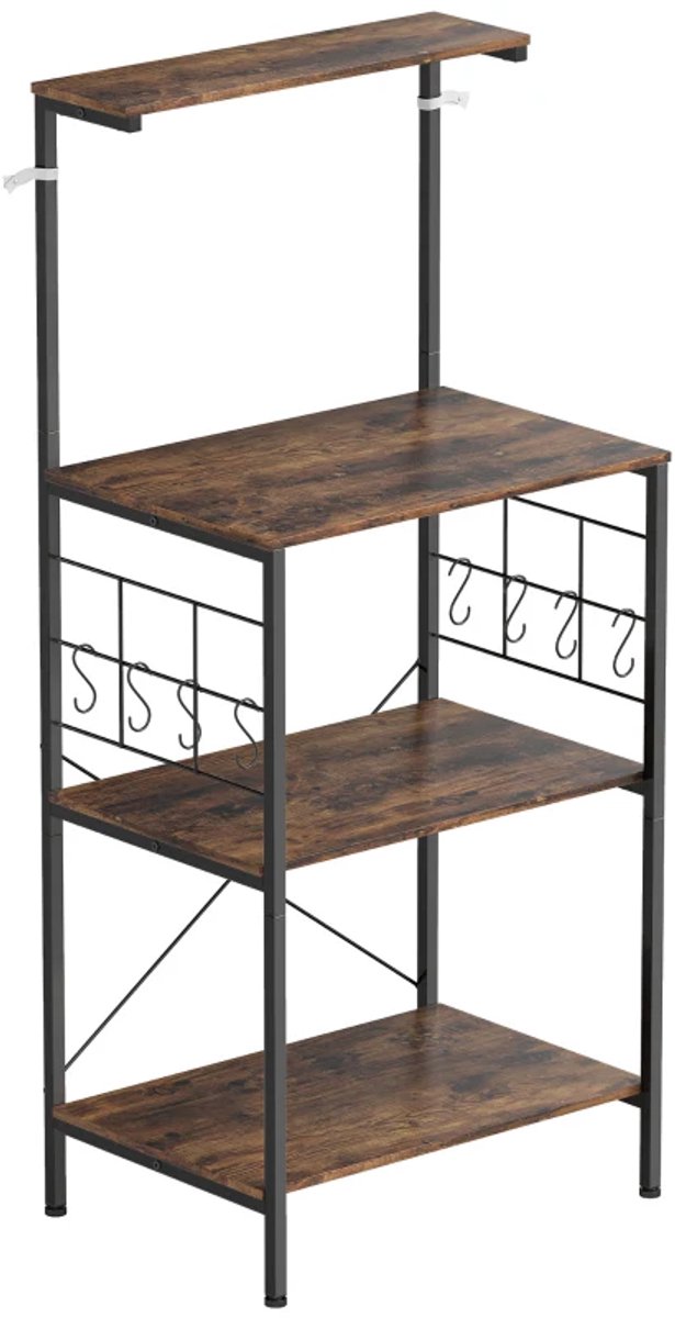 Opbergkasten - Keukenrek met 4 Lagen, Werkblad en 8 Haken - Metalen Buizen - Bruin en Zwart