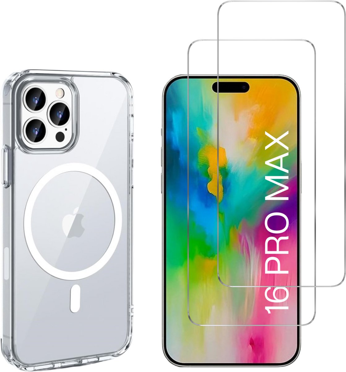 iPhone 16 Pro Max Hoesje backcover Shockproof siliconen Transparant met geïntegreerde magnetische cirkel en 2 stuks Screenprotector Gehard Glas