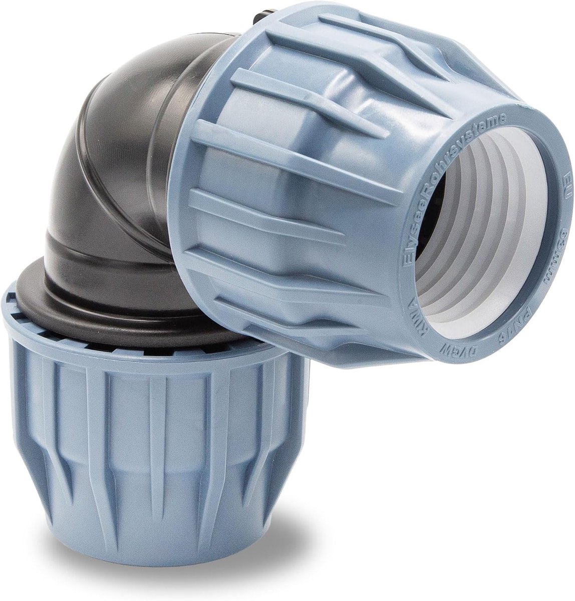 PP knie 63 mm 90° compressiekoppeling - PN16 met afdichtring - voor PE buis - eenvoudig te monteren zonder lijm - ShopVlot