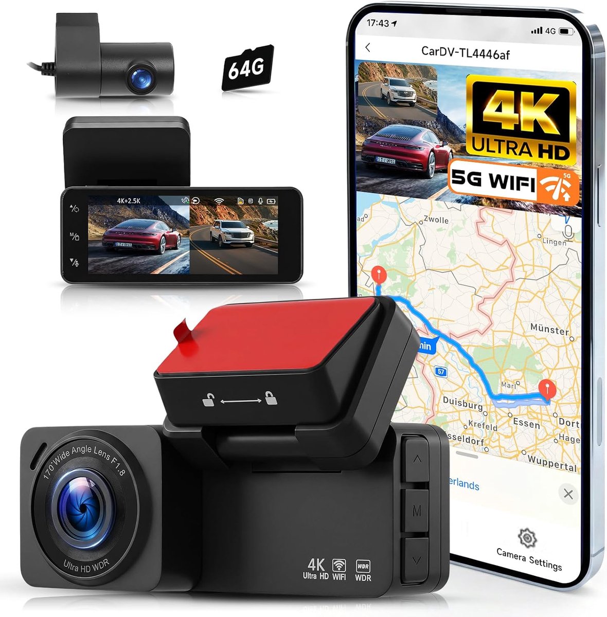 Dashcam 4K/2.5K Dual - 170° groothoek voorzijde - nachtzicht - botsingsbeveiliging - ShopVlot