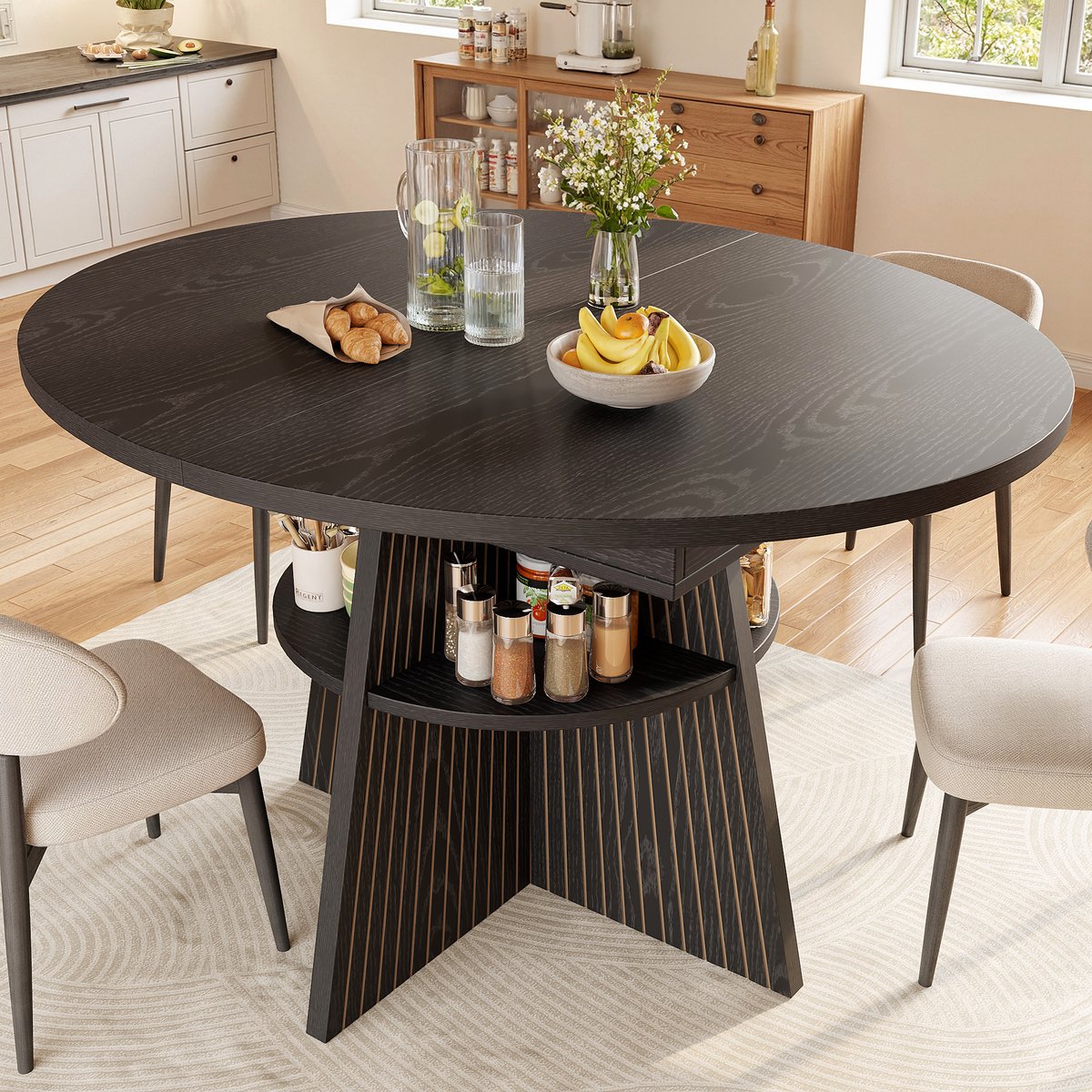 MODFU Eettafel - Uitschuifbaar Met Open Opbergvak - Zwart - MDF - 110-150 X 110 X 76 Cm