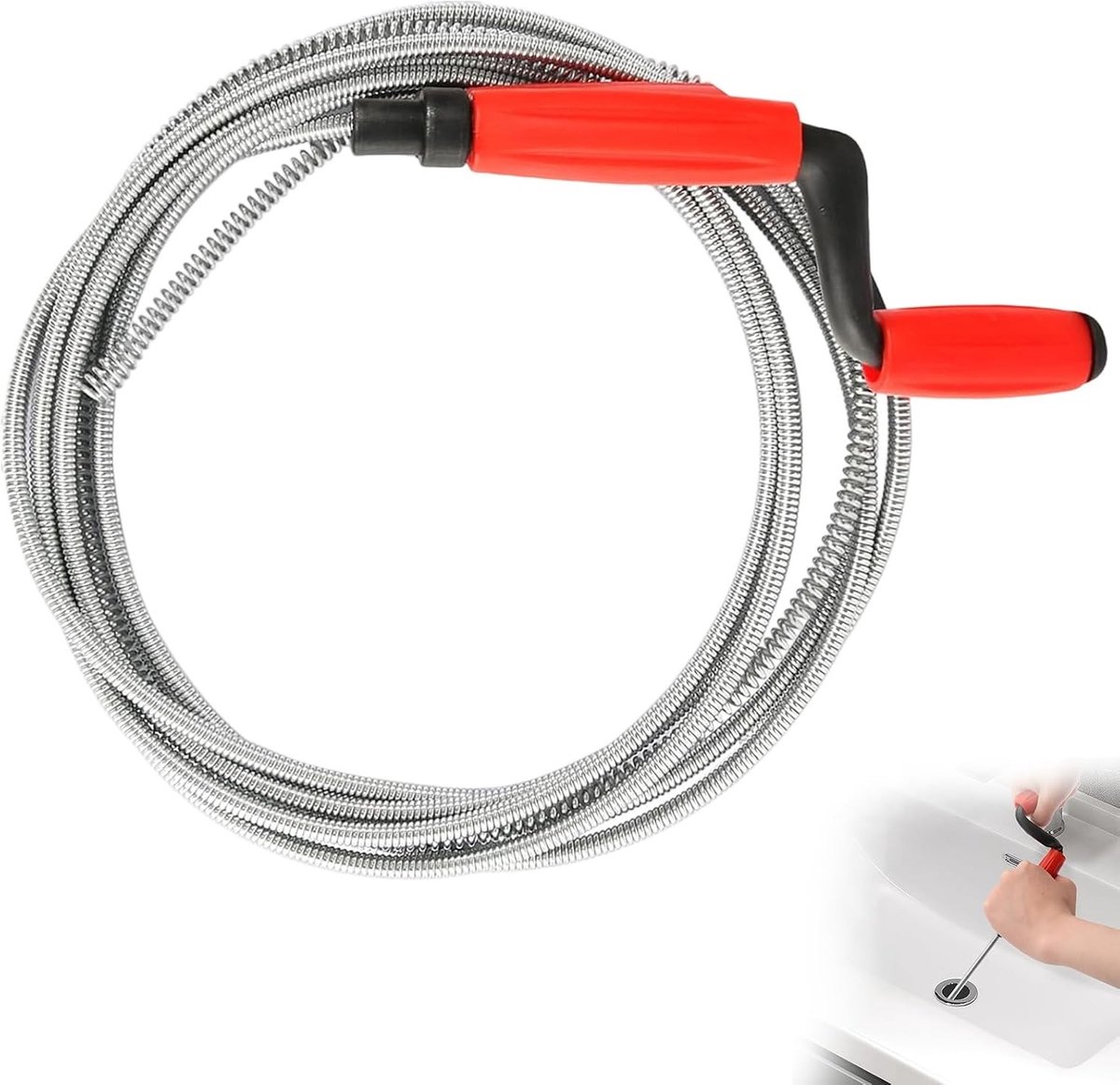 Afvoerreiniger - Roestvrij Staal - 5 m x 6 mm - Flexibele Spiraal met Handgreep - Voor Wastafels en Badkuipen