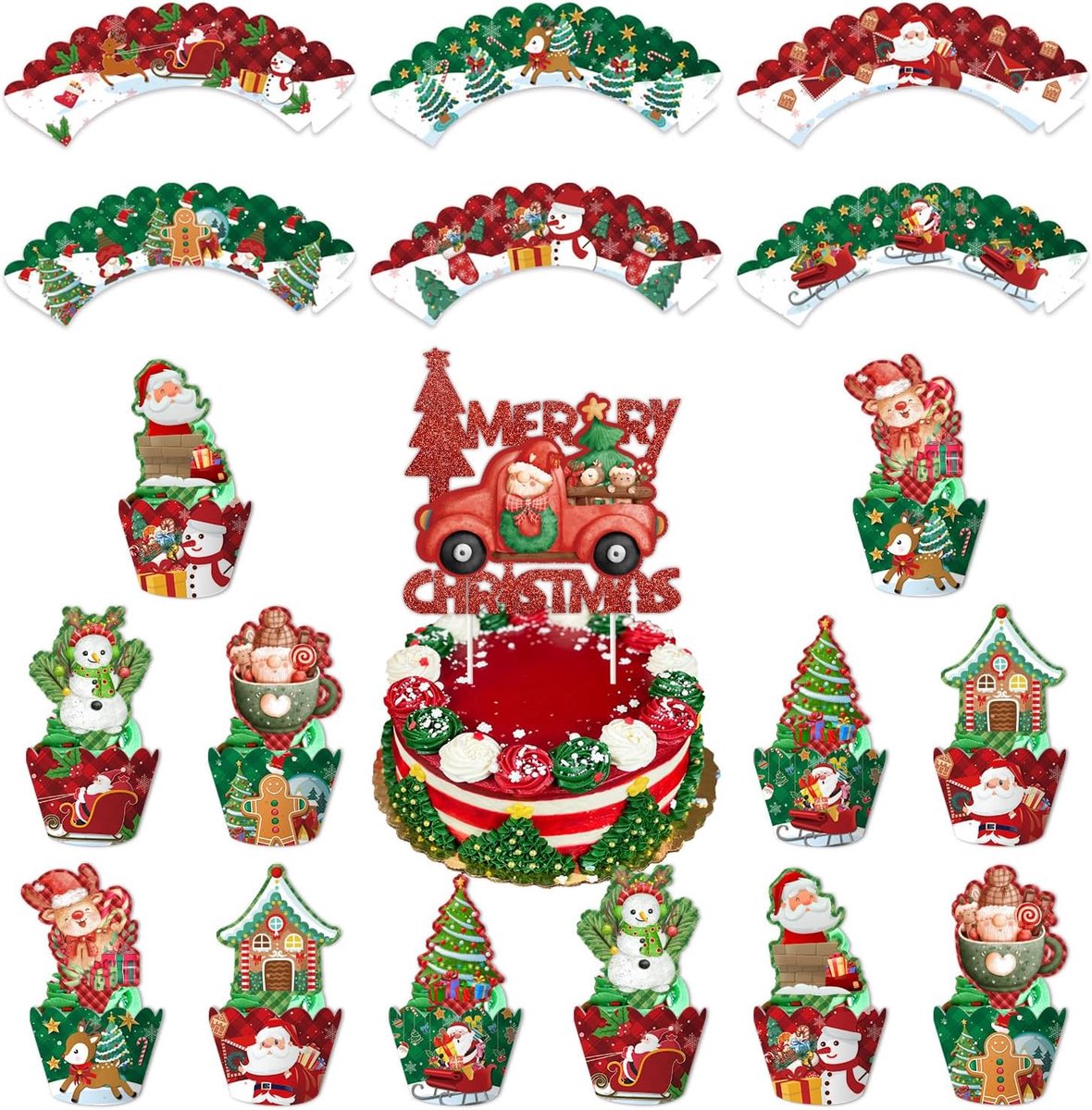Kersttaartdecoratieset 25 stuks - 12 cupcake-wikkels - 1 grote taarttopper - Creëer een feestelijk dessert - ShopVlot