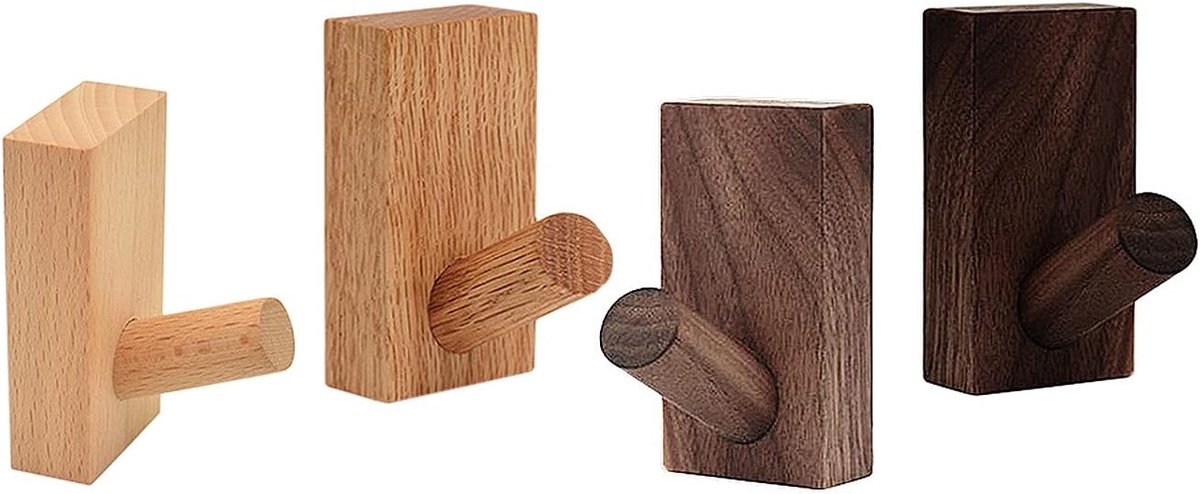 Kledinghaken set van 4 - eikenhout - stevig - ideaal voor jassen en tassen - ShopVlot