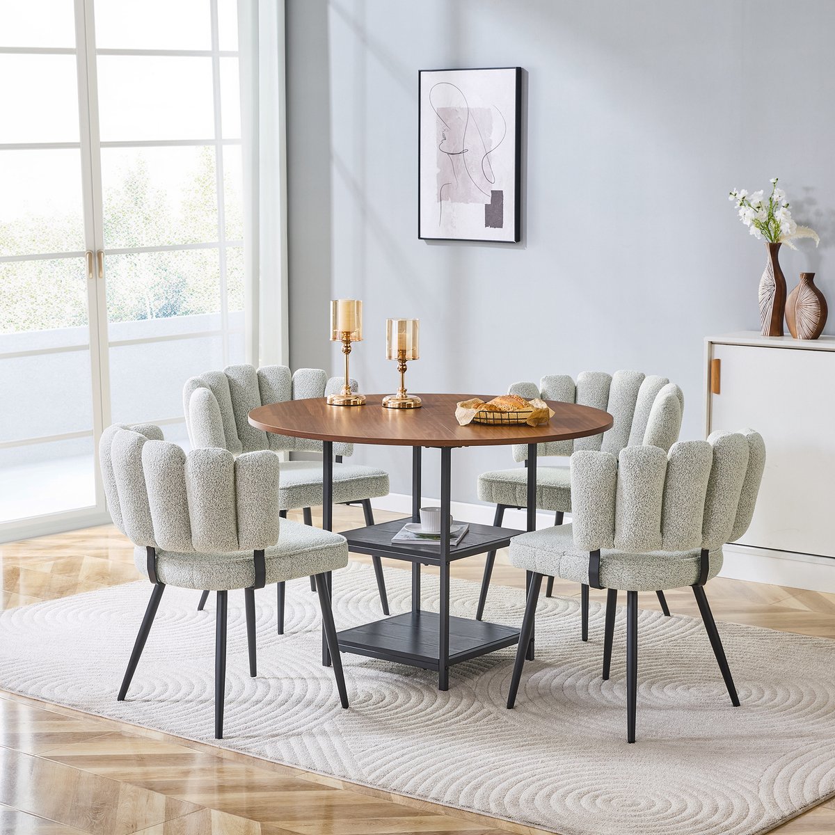MODFU Ronde Eettafel - 4 Stoelen - Walnootlook - Dubbele Opberglaag - Cremegrijs