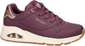 Zijaanzicht van een paarse Skechers sneaker met veters, gouden hieldetail en zichtbare Air-unit in de witte zool.