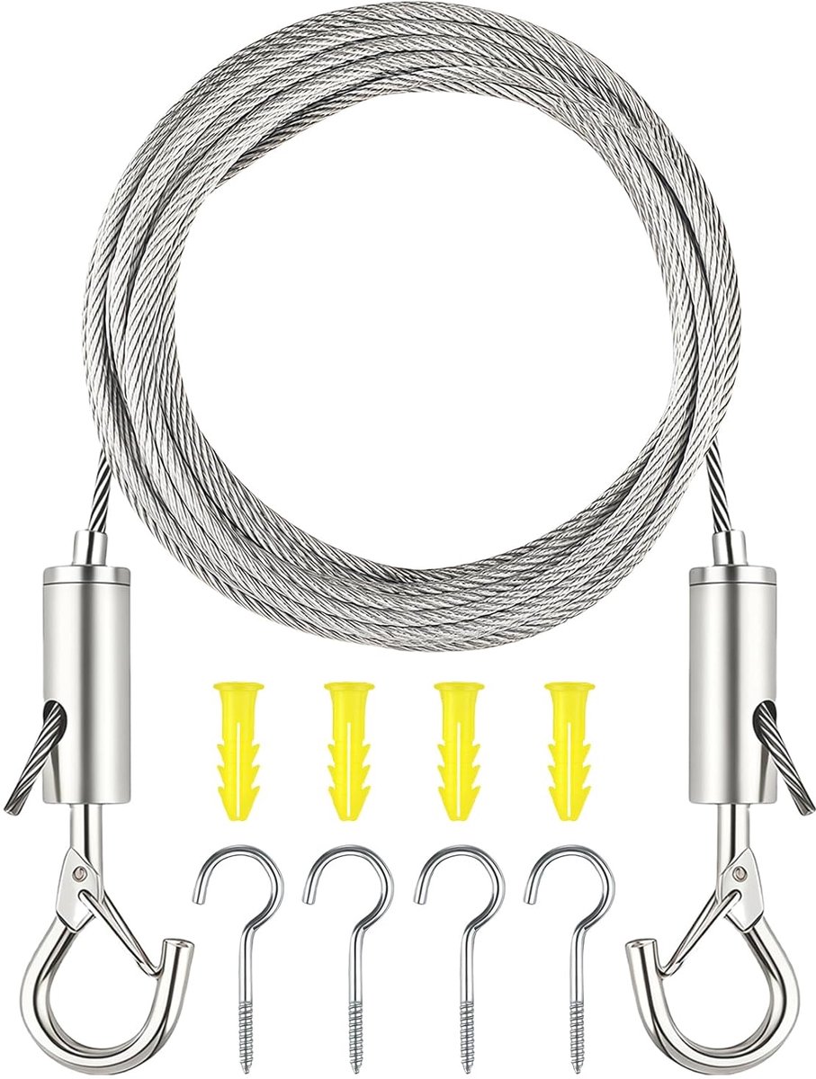 Stainless Steel Wire Rope Set of 5 Metres 2 mm Stainless Steel with Adjustable Hooks Wire Rope with 2 Hooks and 4 - ShopVlot