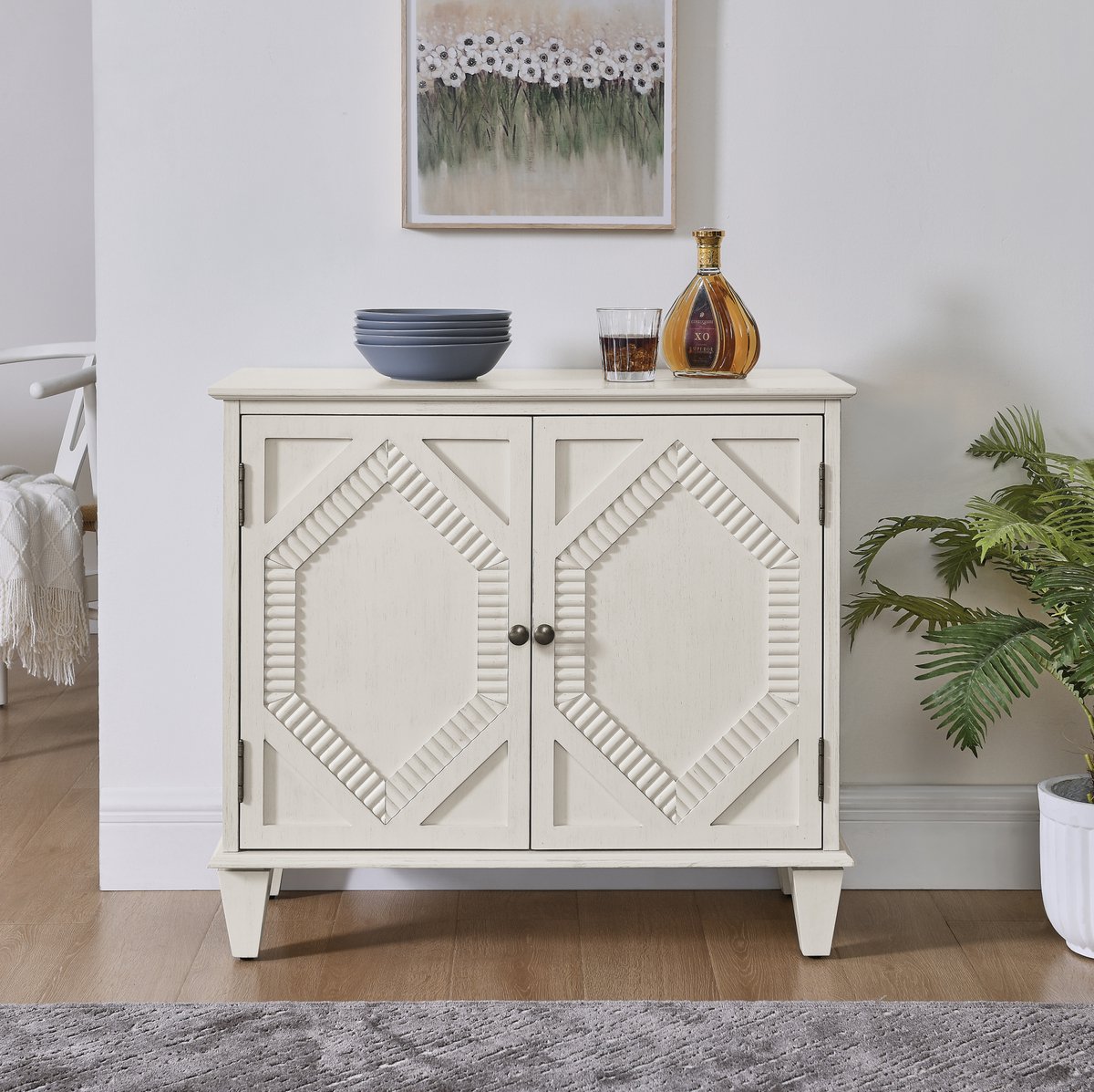 OKWISH Dressoir - Retro Stijl Met Verstelbare Plank - 2 Deuren Voor Woonkamer Hal Eetkamer En Keuken - Antiek Wit Hout En MDF - 85,29 X 40,01 X 76,5 Cm
