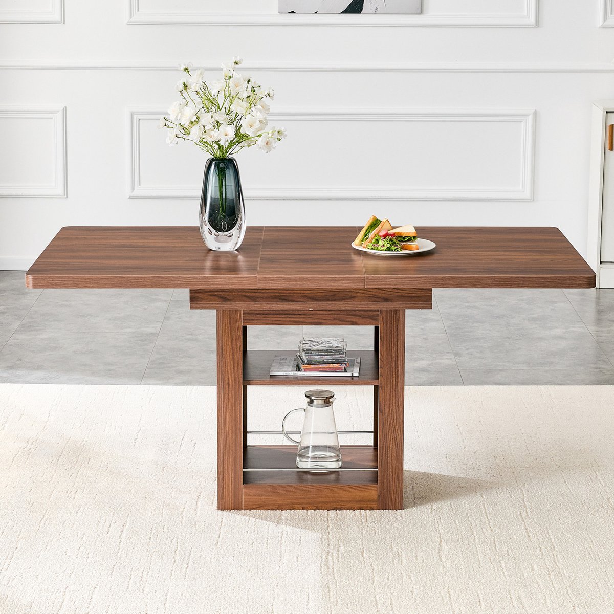 OKWISH Uittrekbare Eettafel – Modern Rechthoekig Design Met Opbergrek – Walnoot MDF Fineer – Voor 4 Tot 8 Personen
