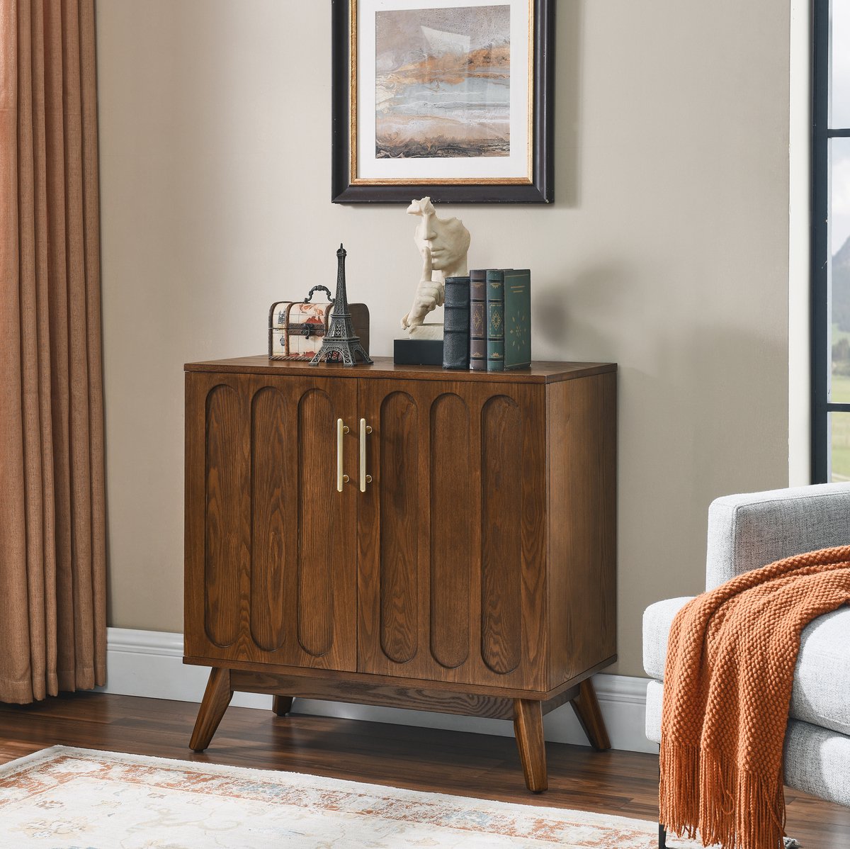 OKWISH Dressoir – Geriffelde Fronten – Verstelbare Planken – Vintage Stijl Met Opbergruimte Voor Woonkamer En Hal – Walnoot – 80,01 Cm Walnut