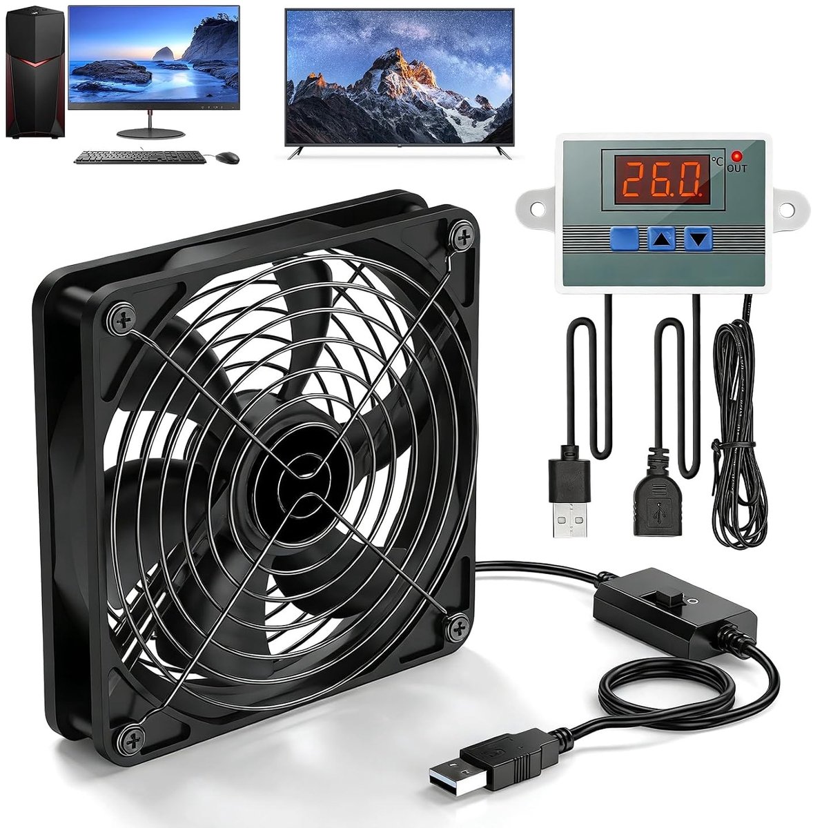 Ventilator - Zwart - 140 mm - USB Ventilator met Digitale Temperatuurregelaar - Voor Thuisbioscoop en Apparatuur