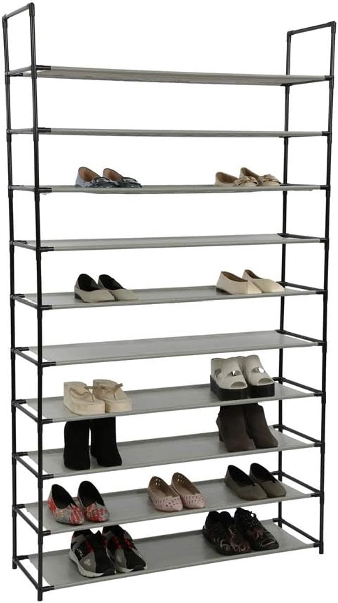 Schoenenrek 10-Lagen - Zwart 100 x 30 x 175 cm - Sterk met ruimte voor 50 paar schoenen - Ideaal voor entree - ShopVlot
