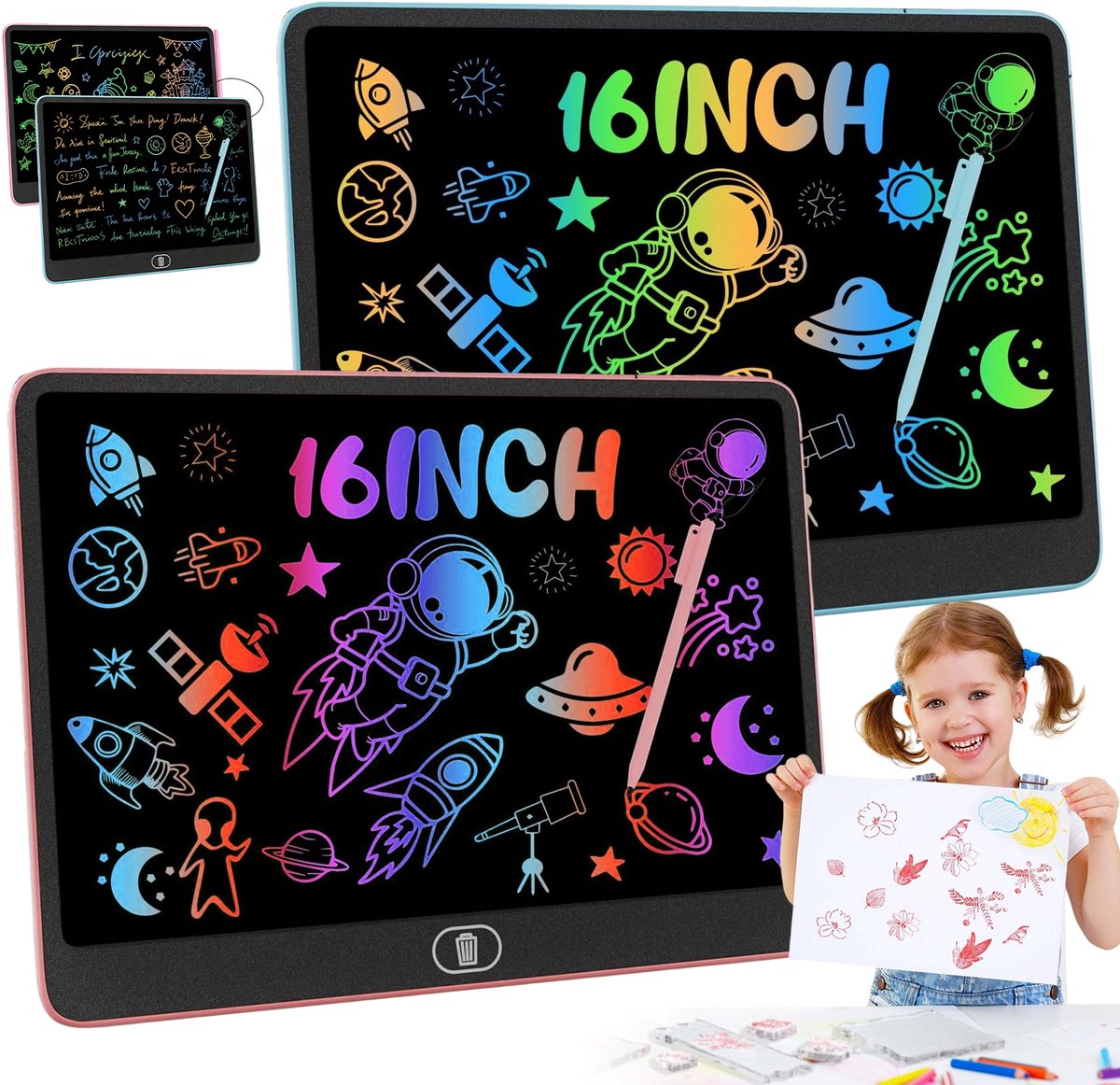 Kinder Tekenbord - Tekentablet - 16 inch - 2 Stuks - LCD Scherm - Wis Met 1 Knop & Vergrendeling & Oogvriendelijk - Teken Tablet - Voor Kinderen 3-8 Jaar