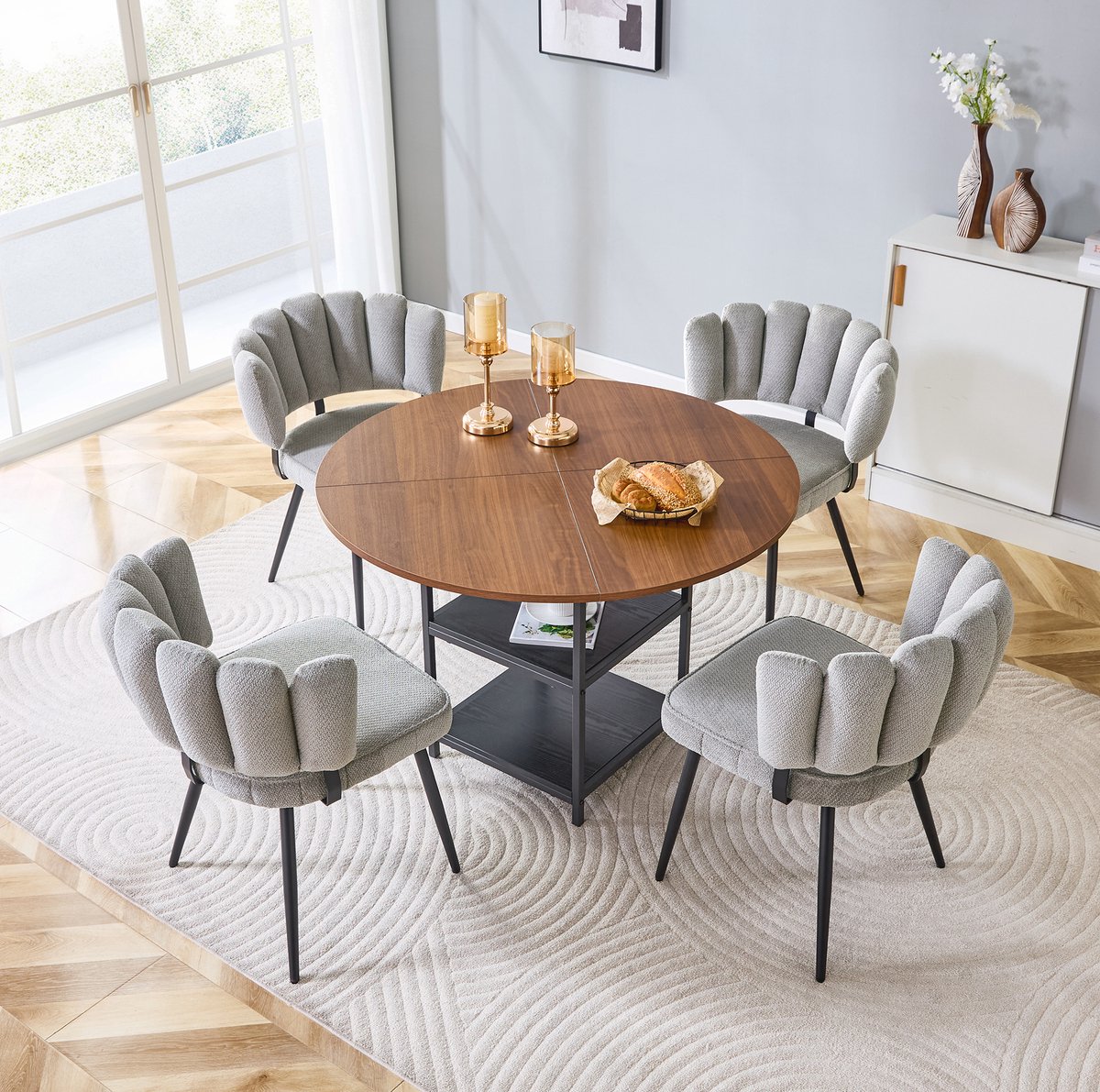 COVREO Eettafel set 107 cm walnootlook, grijs, hout en metaal, opberglagen
