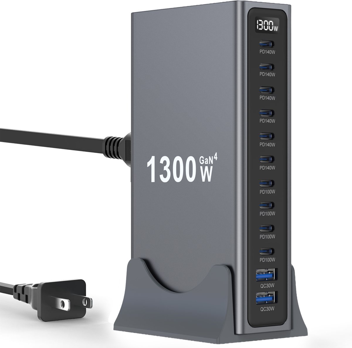 De Beste Gadgets 1300W GaN 4 Oplader – 12-Poorts Laadstation – 10x USB-C & 2x USB-A – 140W PD Snellader – Laptop, MacBook, iPhone, Samsung & Tablet