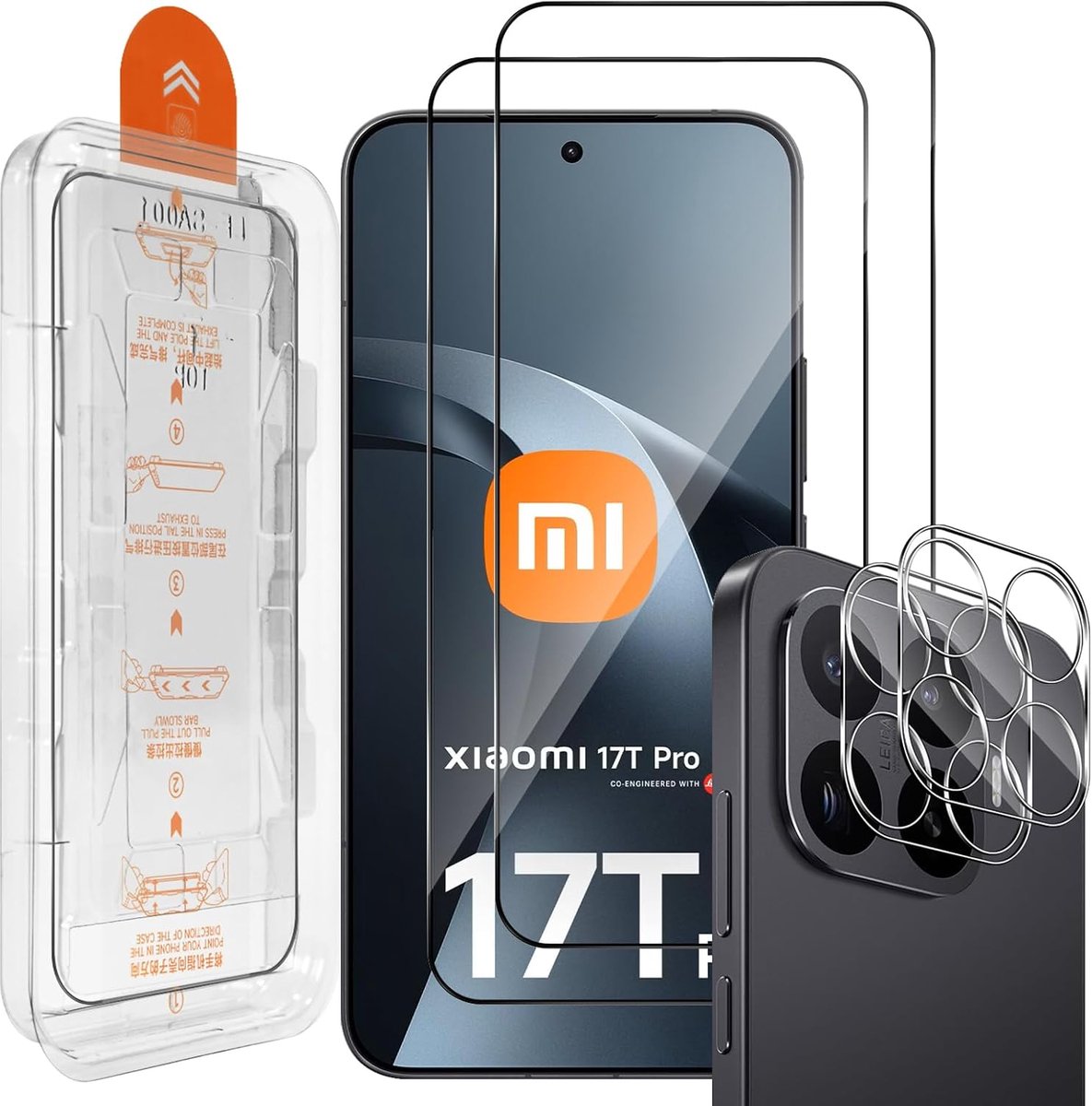 Displaybeschermfolie voor Xiaomi 17T Pro 5G, zelfuitgelijnend, 2 stuks gehard glas en 2 cameralensbeschermers - ShopVlot