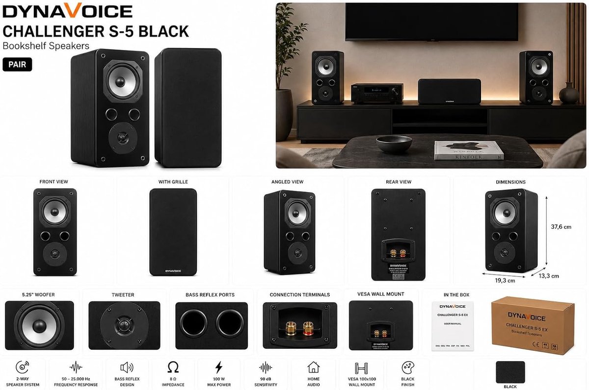 Dynavoice Challenger S-5 Black – Set Bookshelf/Wall Speakers 2-Way HiFi with 5.25″ Woofer and Super Audio Tweeter – - ShopVlot