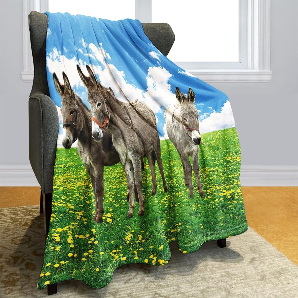 Thick Blanket Soft Warmth Cozy Fleece Sofa Blanket Three Donkeys on the Grass Blue Sky 150x200cm - ShopVlot