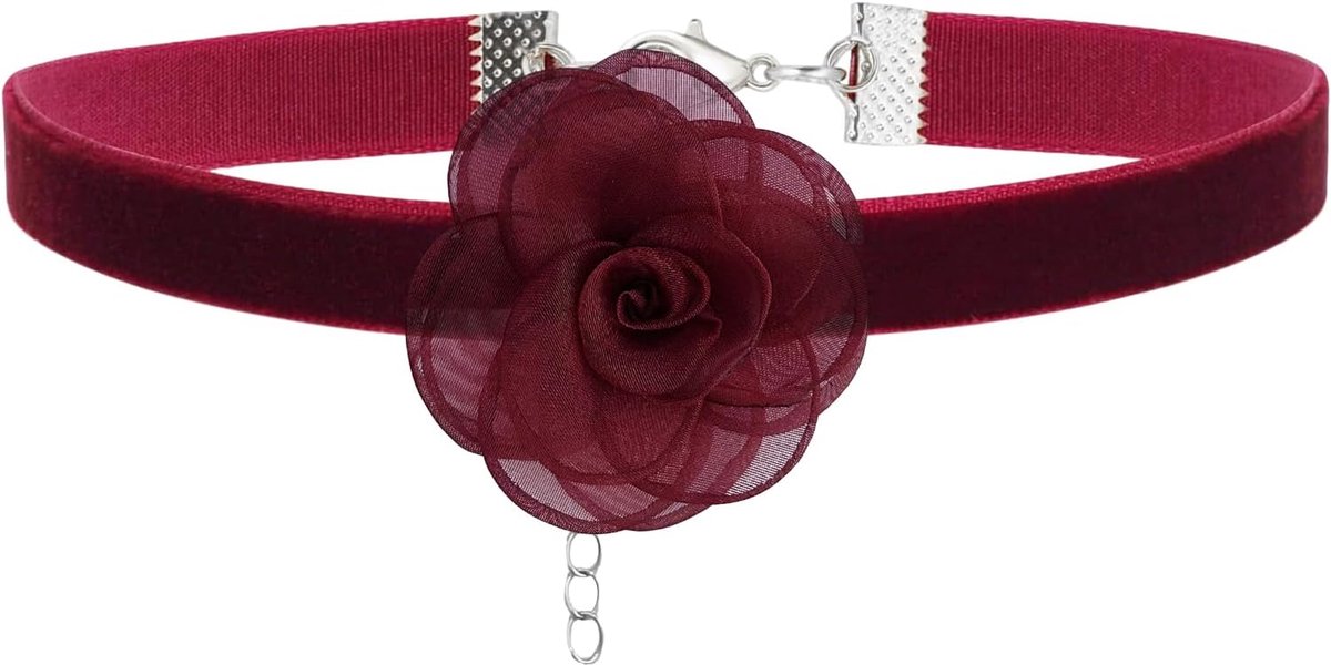 Velvet Choker Necklace with Red Rose, Black Adjustable Gothic Collar for Women and Girls, Halloween Party Jewelry - ShopVlot