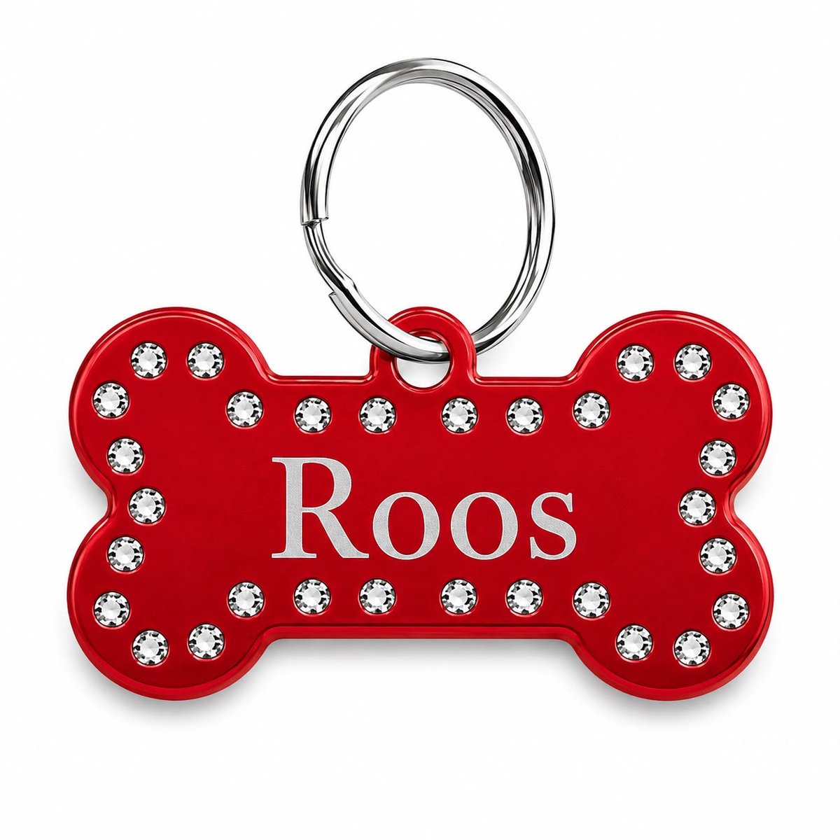 Luxe Hondenpenning Botje met Strass | Rood | Inclusief Graveren | Hondenbotje met Strass | Aluminium Hondenpenning | Petshop Seven®