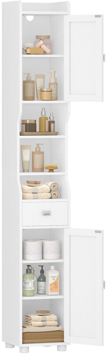 Hzuaneri Badkamerkast, Hoge Badkamerkast, Smalle Kolomkast, Hoge Kast met 2 Deuren en 1 Lade, Verstelbare Planken, Toiletkast met Open Vak, voor Kleine Ruimtes, Modern, 28 × 28 × 180 cm, Wit