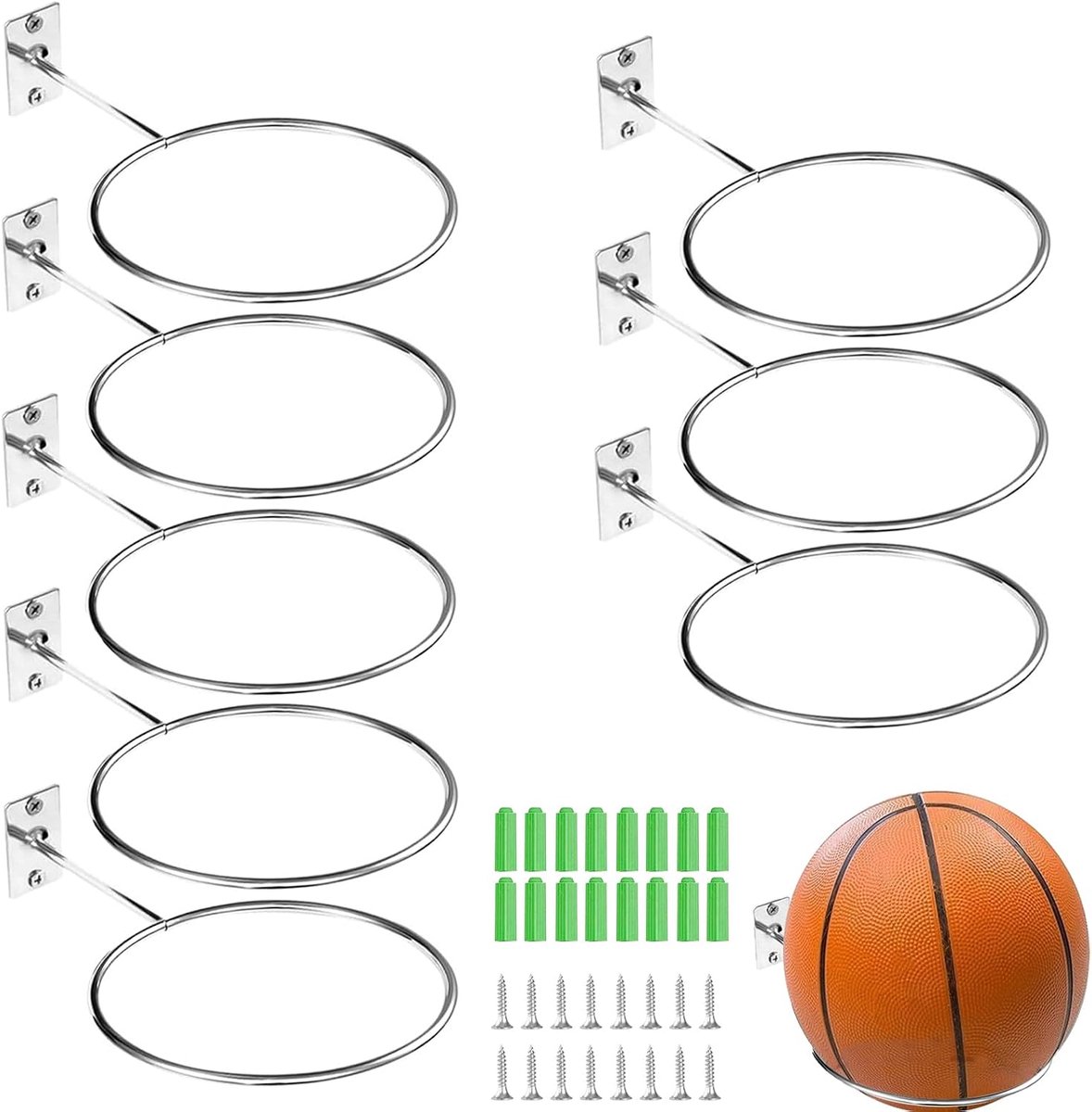 Wall Mount Ball Rack, 8 Pcs Ball Holders, Wall Mount, Metal Ball Holder, Wall Bracket, Ball Storage with 16 Screws and - ShopVlot
