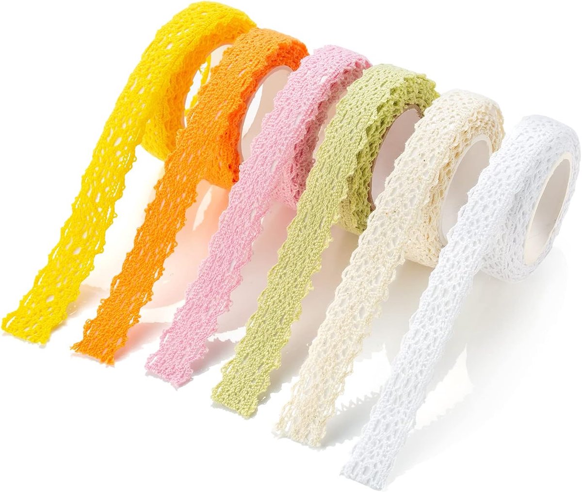 6 Rolls of Coloured Lace Ribbon, Self-Adhesive Beige, White, Yellow, Orange, Pink, Green, Vintage, Decorative Ribbon - ShopVlot